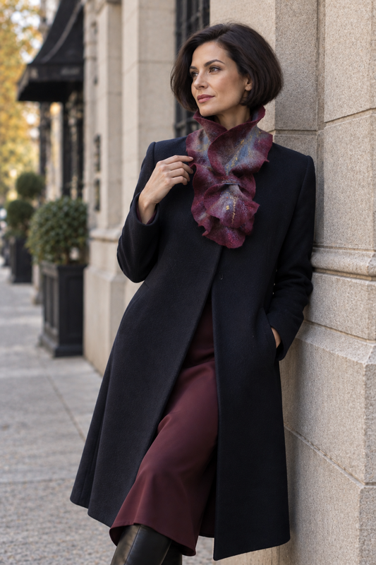 Burgundy & Blue Sculptural Hand-Felted Merino Wool Scarf