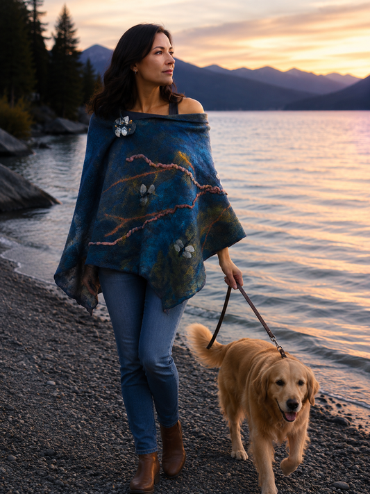 Along the Riverbank – Dragonfly Hand-Felted Merino Wool Shawl