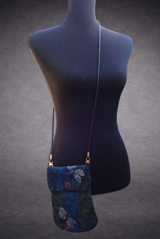 Dragonflies at the River crossbody bag shown on mannequin
