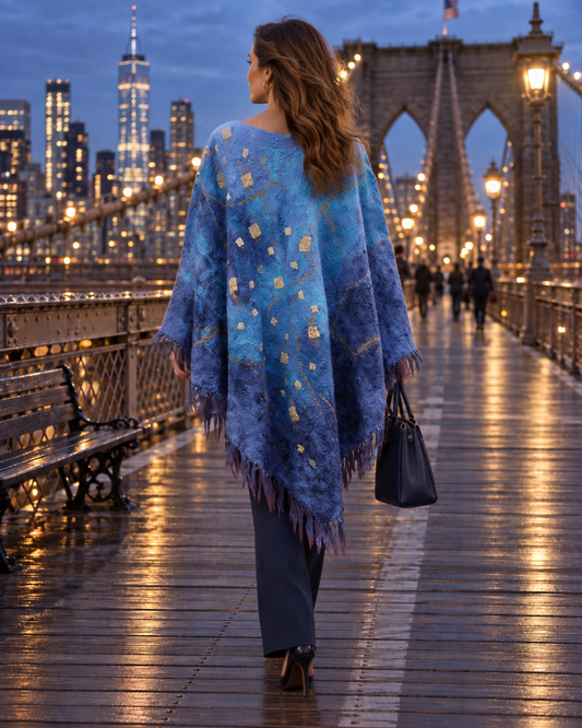 Back view of Falling Stars blue felted poncho worn on Brooklyn Bridge