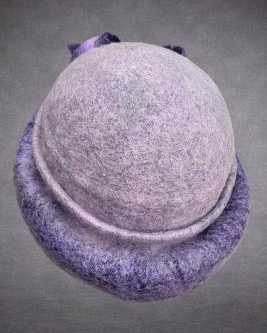 Hand Felted Merino Wool Cloche – Lavender Purple Bow, Packable Winter Hat