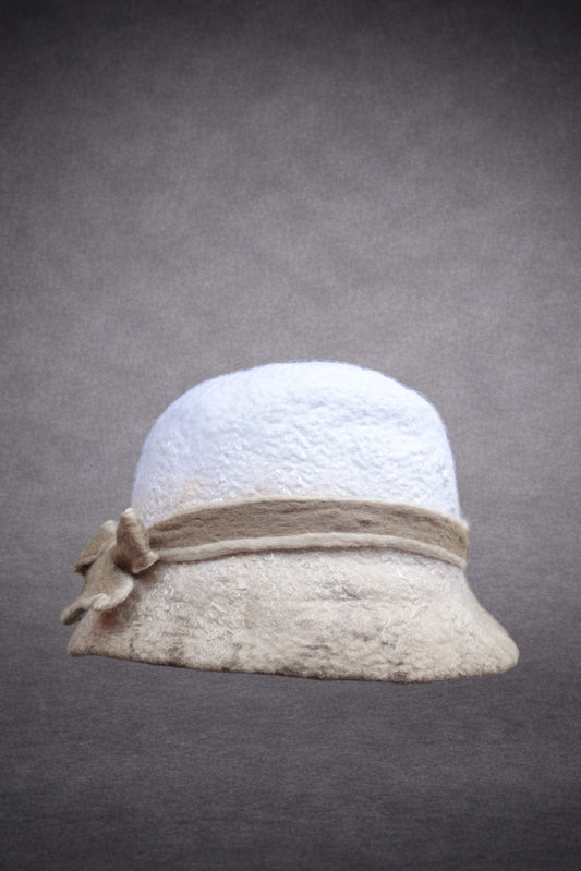 Ivory and beige hand-felted bucket hat with layered band and bow