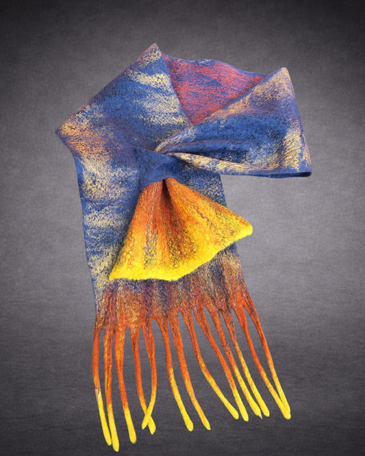 Starry Night – Blue, Orange & Golden Yellow Hand-Felted Merino Wool Scarf