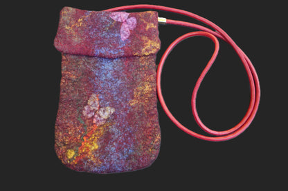 Butterfly Fire hand-felted crossbody bag, front view with red strap