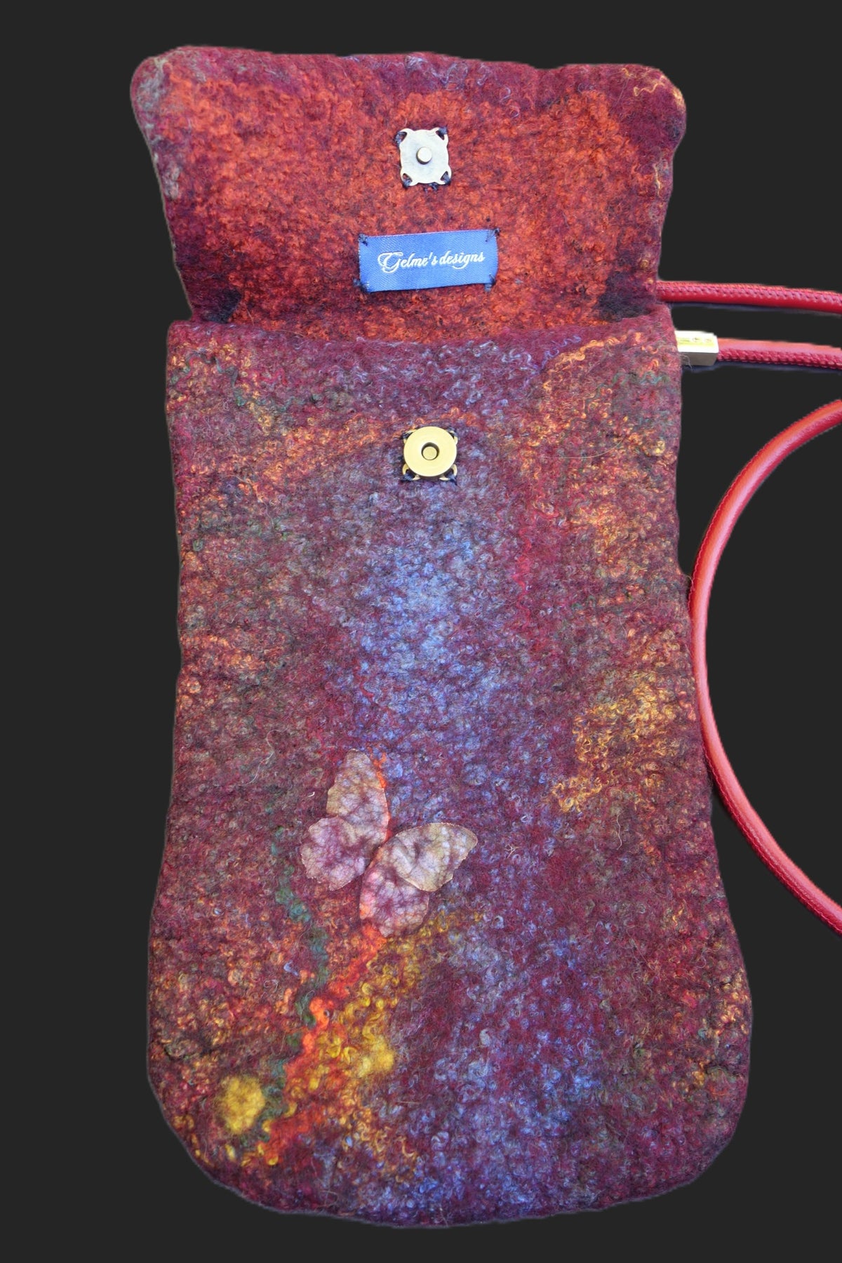 Butterfly Fire crossbody bag, open view showing magnetic closure
