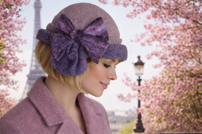Hand Felted Merino Wool Cloche – Lavender Purple Bow, Packable Winter Hat