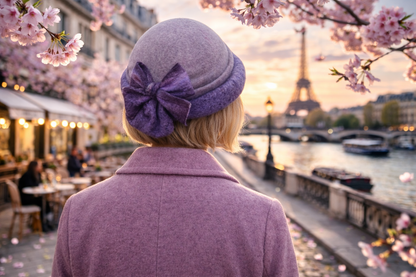 Hand Felted Merino Wool Cloche – Lavender Purple Bow, Packable Winter Hat