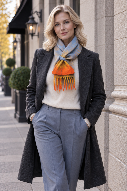 Dusty Blue, Golden Yellow & Orange Felted Merino Wool Scarf