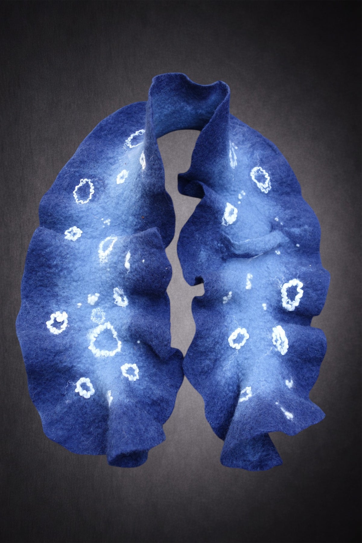 Deep Blue Sculptural Hand-Felted Merino Wool Scarf with White Fiber Accents