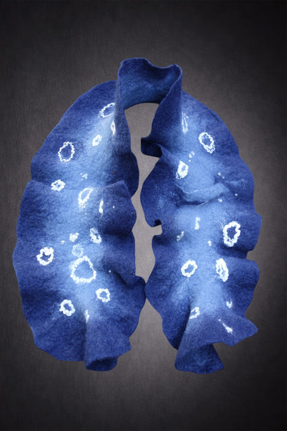 Deep Blue Sculptural Hand-Felted Merino Wool Scarf with White Fiber Accents