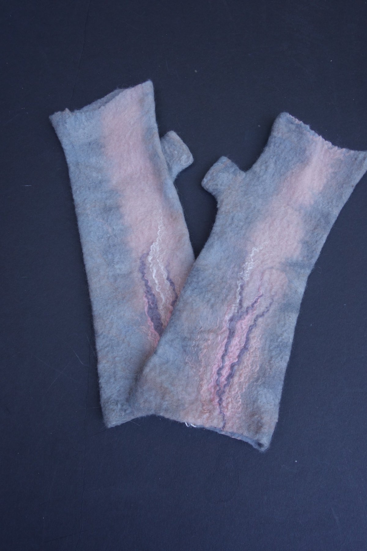 Gray and blush hand-felted fingerless gloves, pair