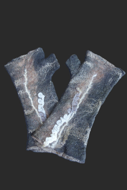 Charcoal and taupe hand-felted fingerless gloves, pair