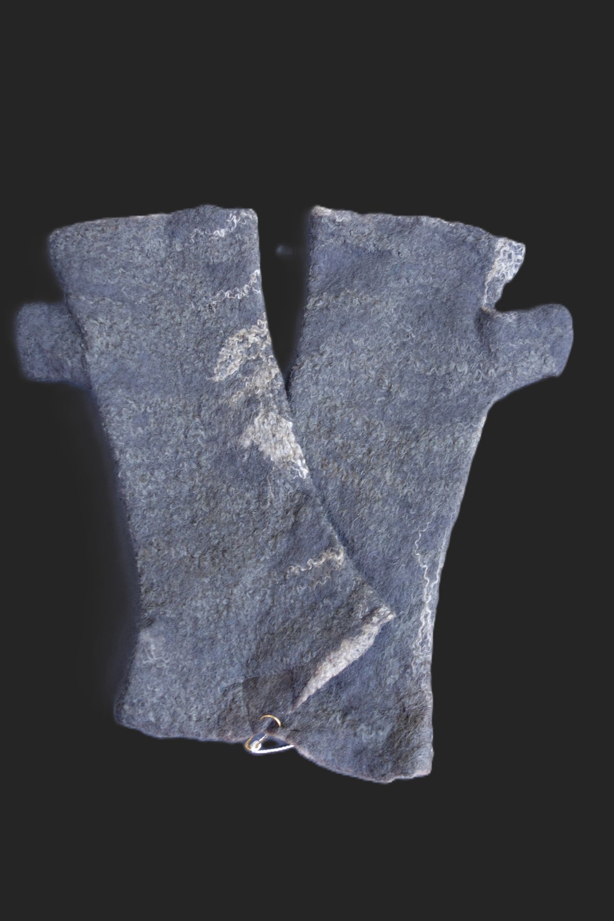 Reverse view of charcoal hand-felted fingerless gloves