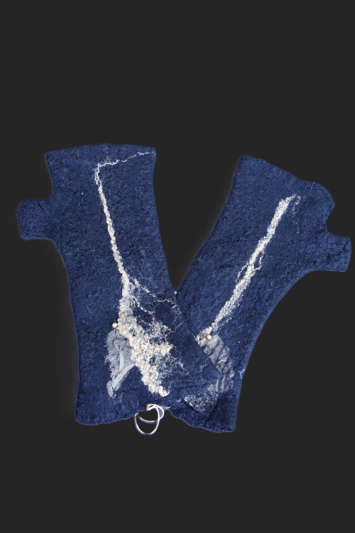 Navy hand-felted fingerless gloves with nuno-felted silk and gold viscose details