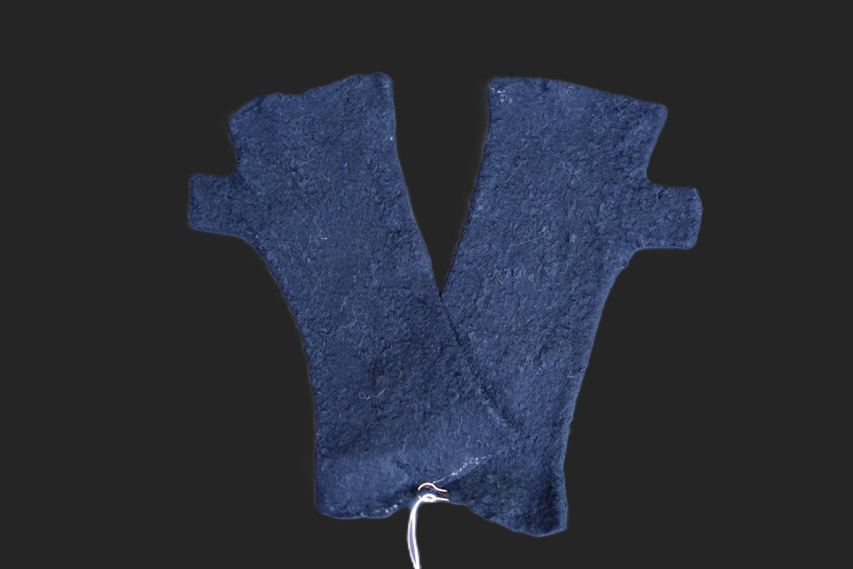 Reverse view of navy hand-felted fingerless gloves