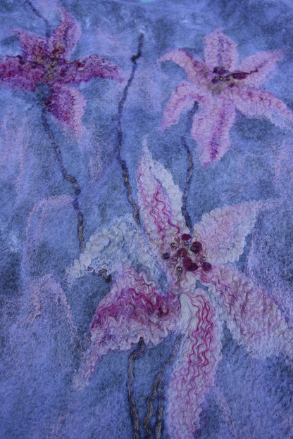 Close-up of felted lilies on Lilies in the Morning Fog poncho