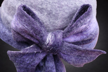 Hand Felted Merino Wool Cloche – Lavender Purple Bow, Packable Winter Hat