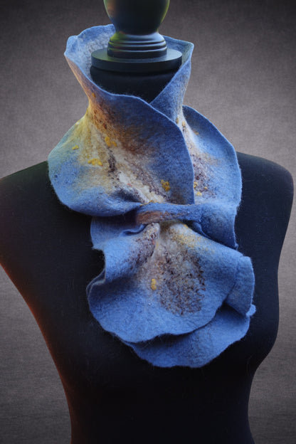 Grey-Blue & Ivory Reversible Sculptural Hand-Felted Merino Wool Scarf