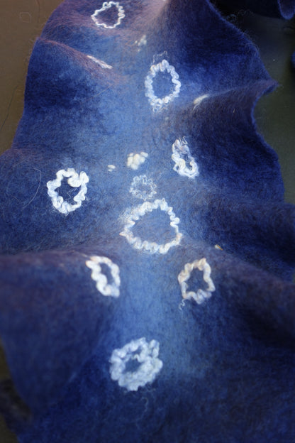 Deep Blue Sculptural Hand-Felted Merino Wool Scarf with White Fiber Accents