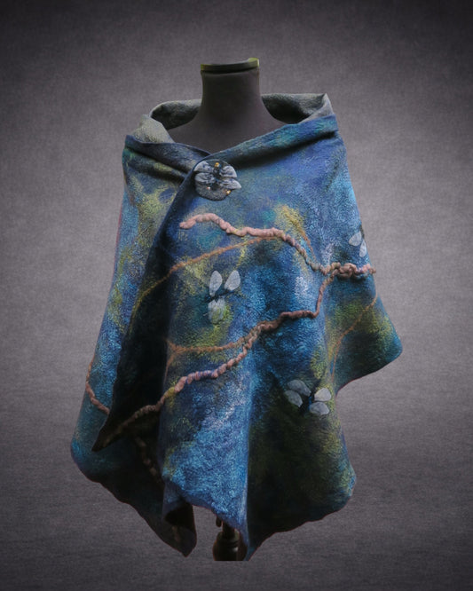 Along the Riverbank – Dragonfly Hand-Felted Merino Wool Shawl