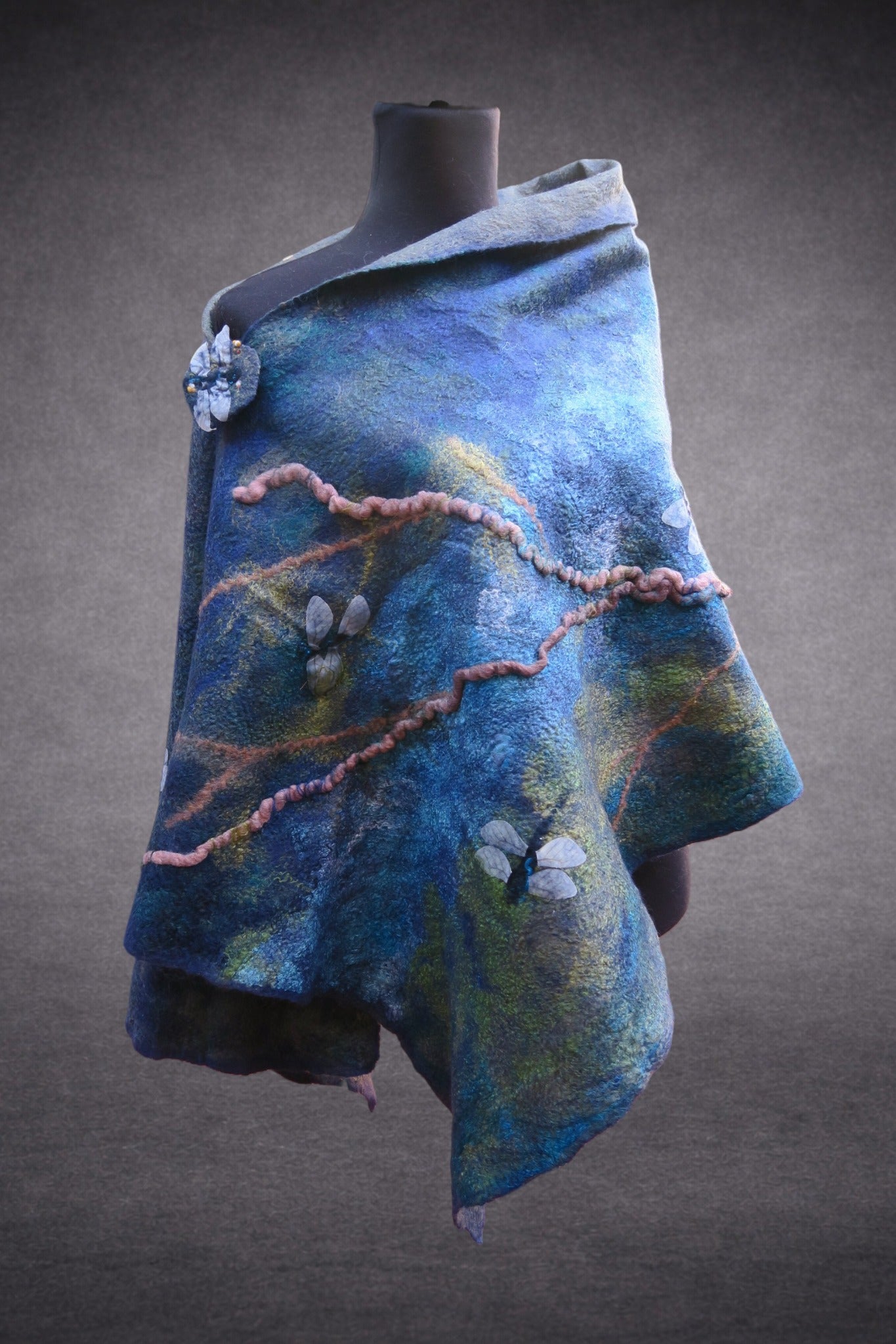 Along the Riverbank – Dragonfly Hand-Felted Merino Wool Shawl