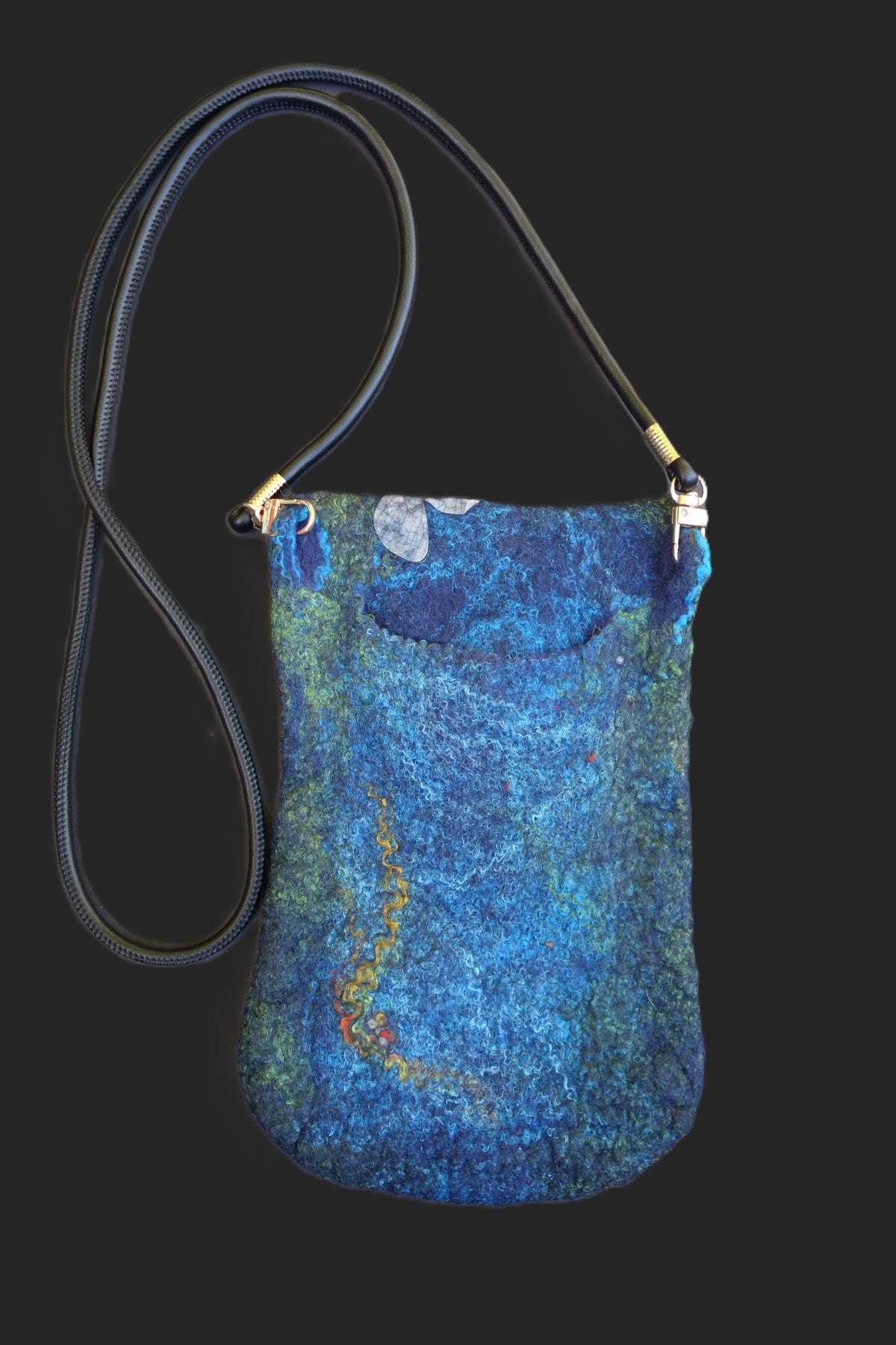 Dragonflies at the River hand-felted crossbody bag, front view with strap