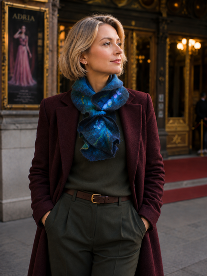 Blue Sculptural Ruffled Hand-Felted Merino Wool Scarf with Silk Accents