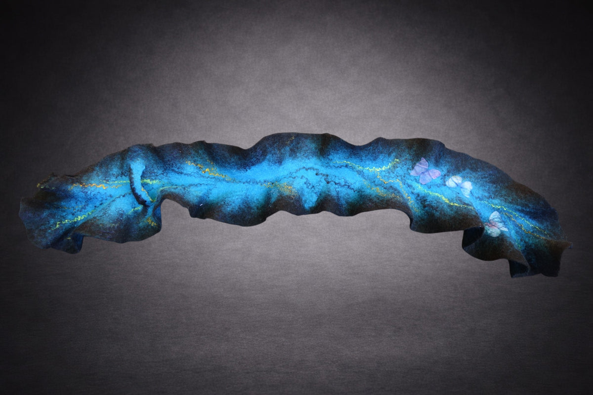 Blue Sculptural Ruffled Hand-Felted Merino Wool Scarf with Silk Accents