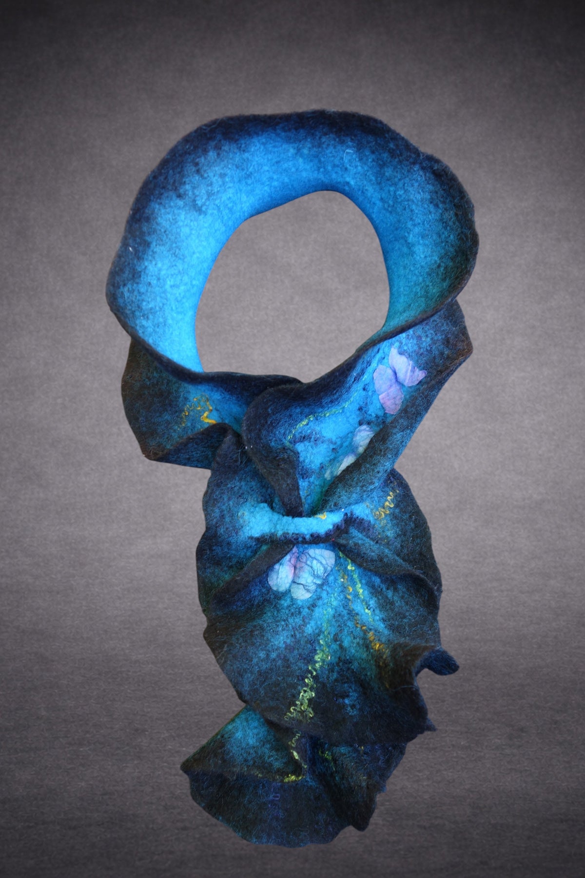 Blue Sculptural Ruffled Hand-Felted Merino Wool Scarf with Silk Accents