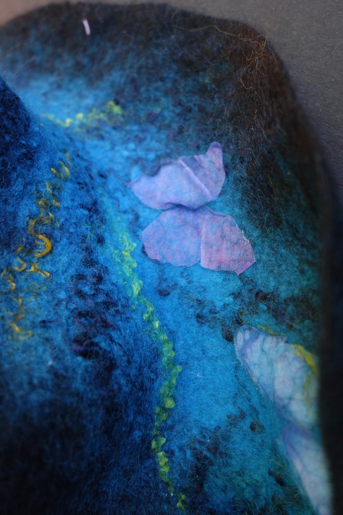 Blue Sculptural Ruffled Hand-Felted Merino Wool Scarf with Silk Accents