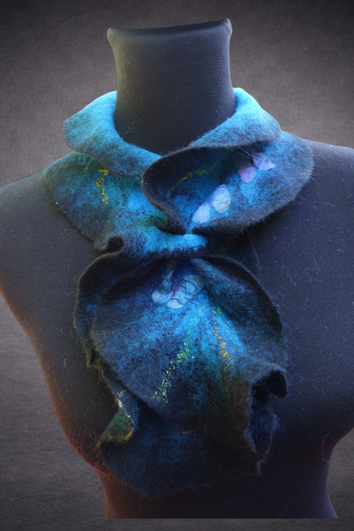 Blue Sculptural Ruffled Hand-Felted Merino Wool Scarf with Silk Accents