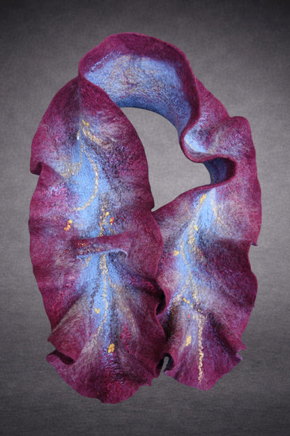 Burgundy & Blue Sculptural Hand-Felted Merino Wool Scarf
