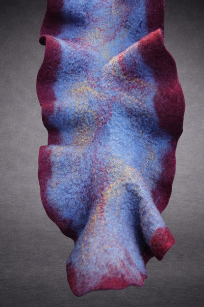 Burgundy & Blue Sculptural Hand-Felted Merino Wool Scarf