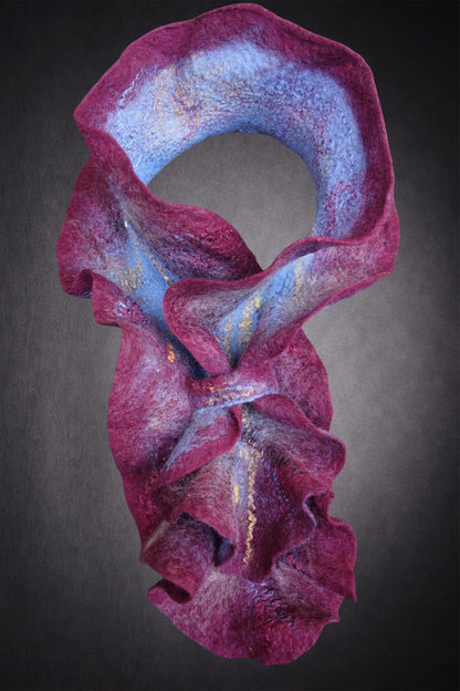 Burgundy & Blue Sculptural Hand-Felted Merino Wool Scarf