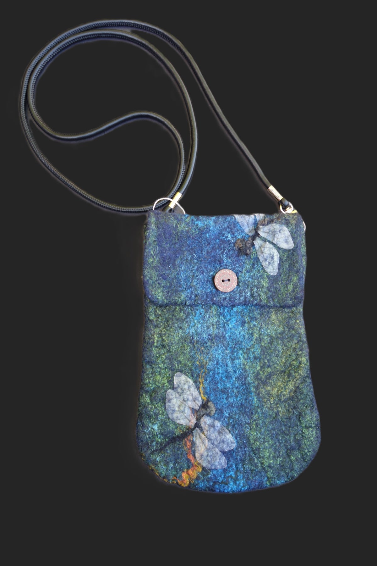 Dragonflies at the River hand-felted crossbody bag, reverse view with flap and dragonfly details
