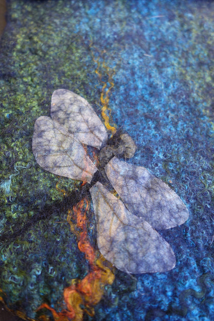 Close-up of felted dragonfly detail on Dragonflies at the River crossbody bag