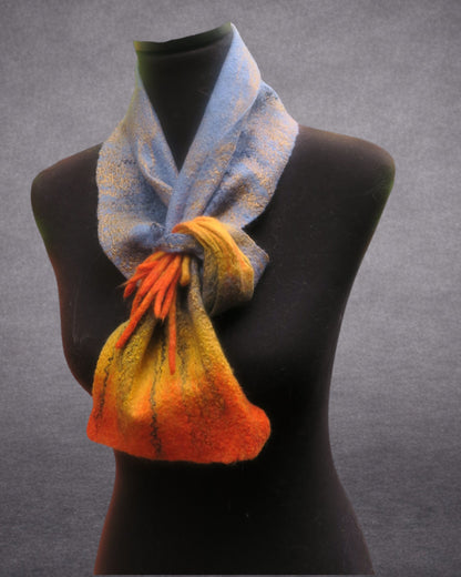 Dusty Blue, Golden Yellow & Orange Felted Merino Wool Scarf