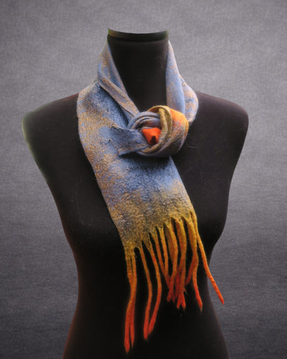 Dusty Blue, Golden Yellow & Orange Felted Merino Wool Scarf