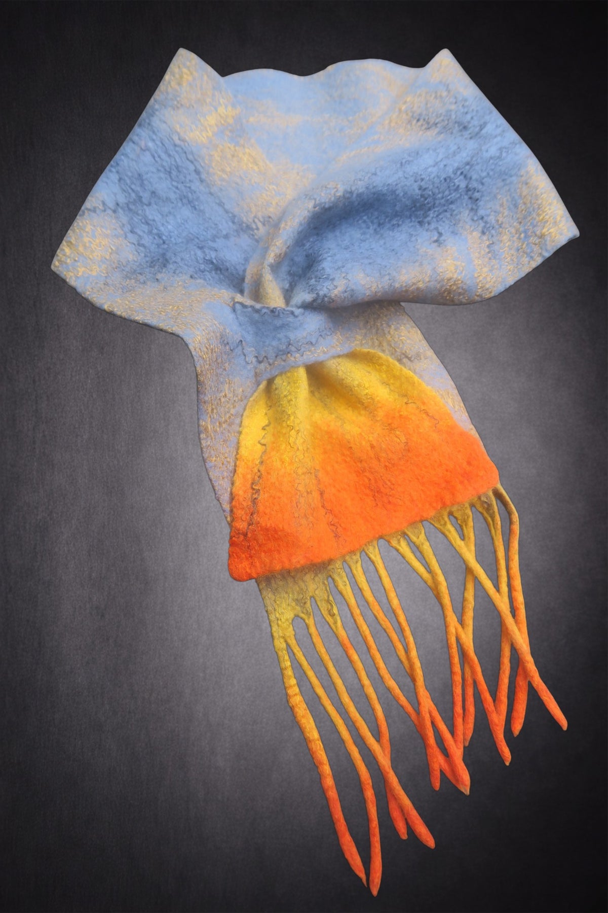 Dusty Blue, Golden Yellow & Orange Felted Merino Wool Scarf