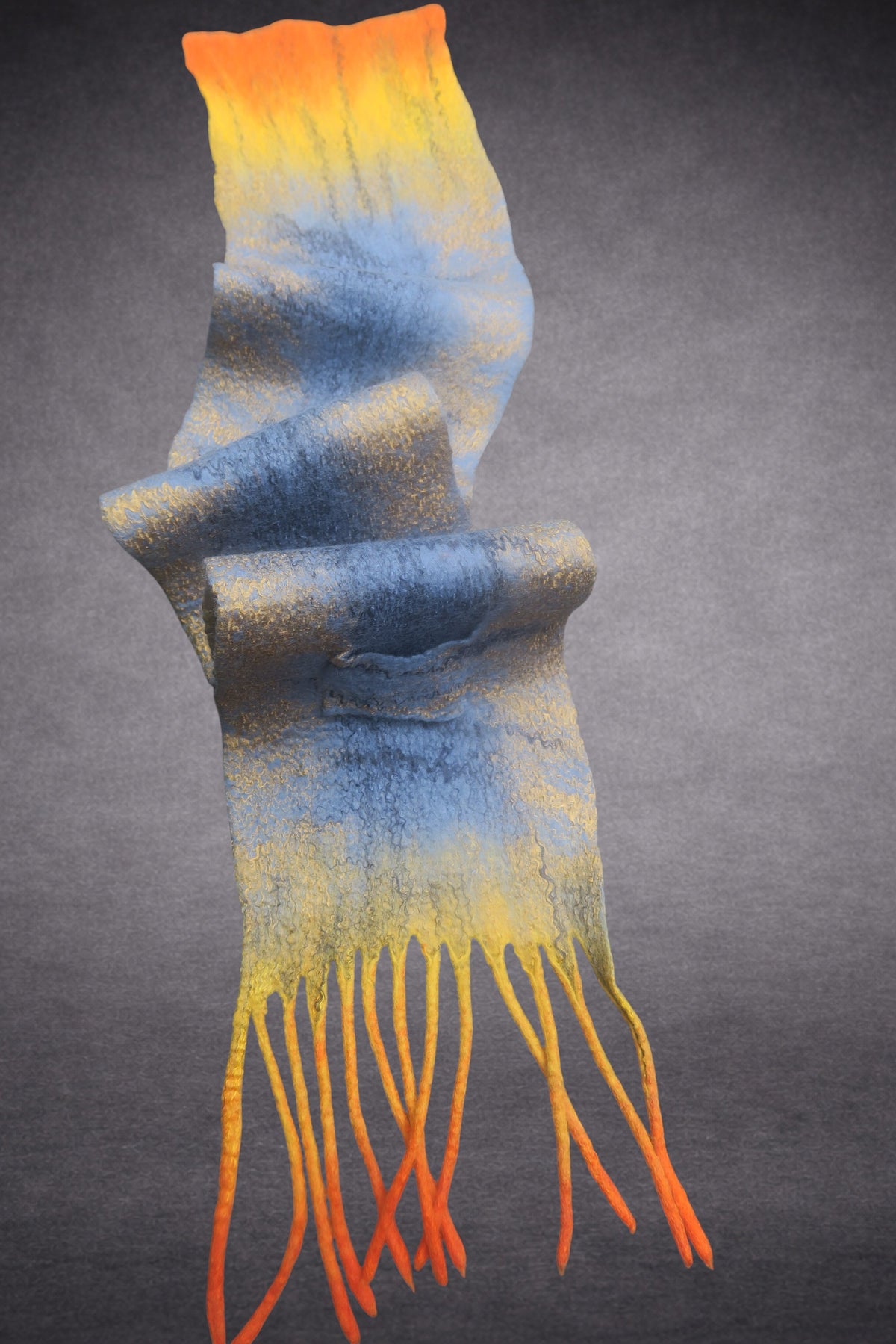 Dusty Blue, Golden Yellow & Orange Felted Merino Wool Scarf