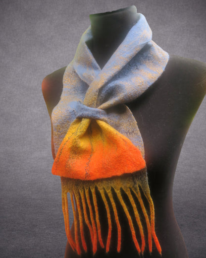 Dusty Blue, Golden Yellow & Orange Felted Merino Wool Scarf