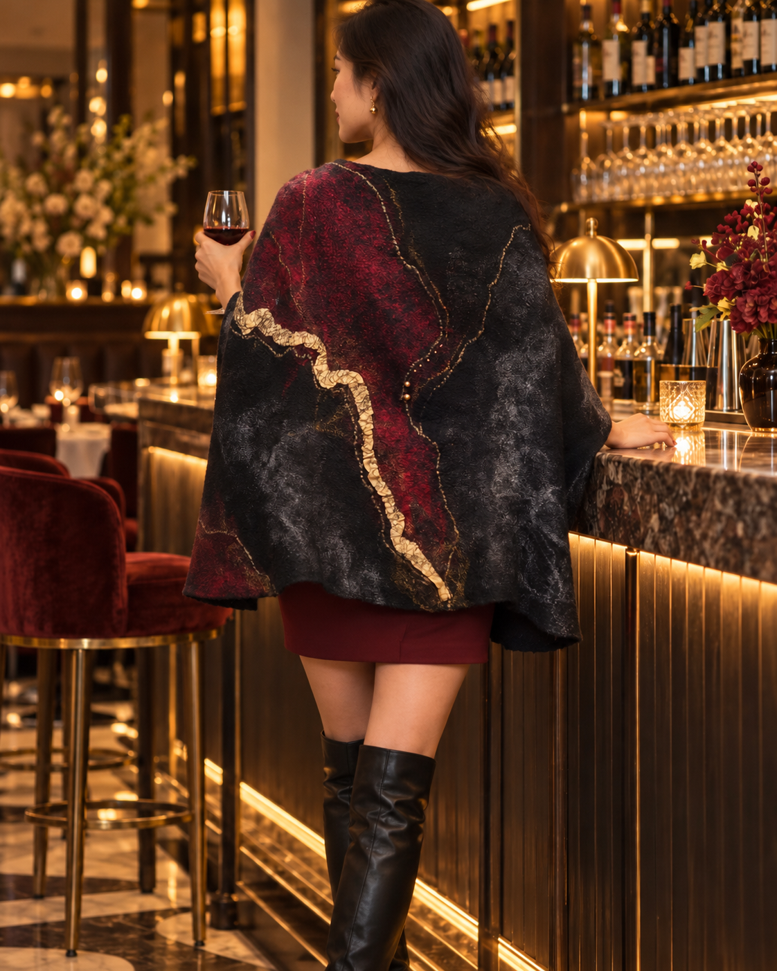 Fire in the Night reversible hand-felted poncho, back lifestyle view