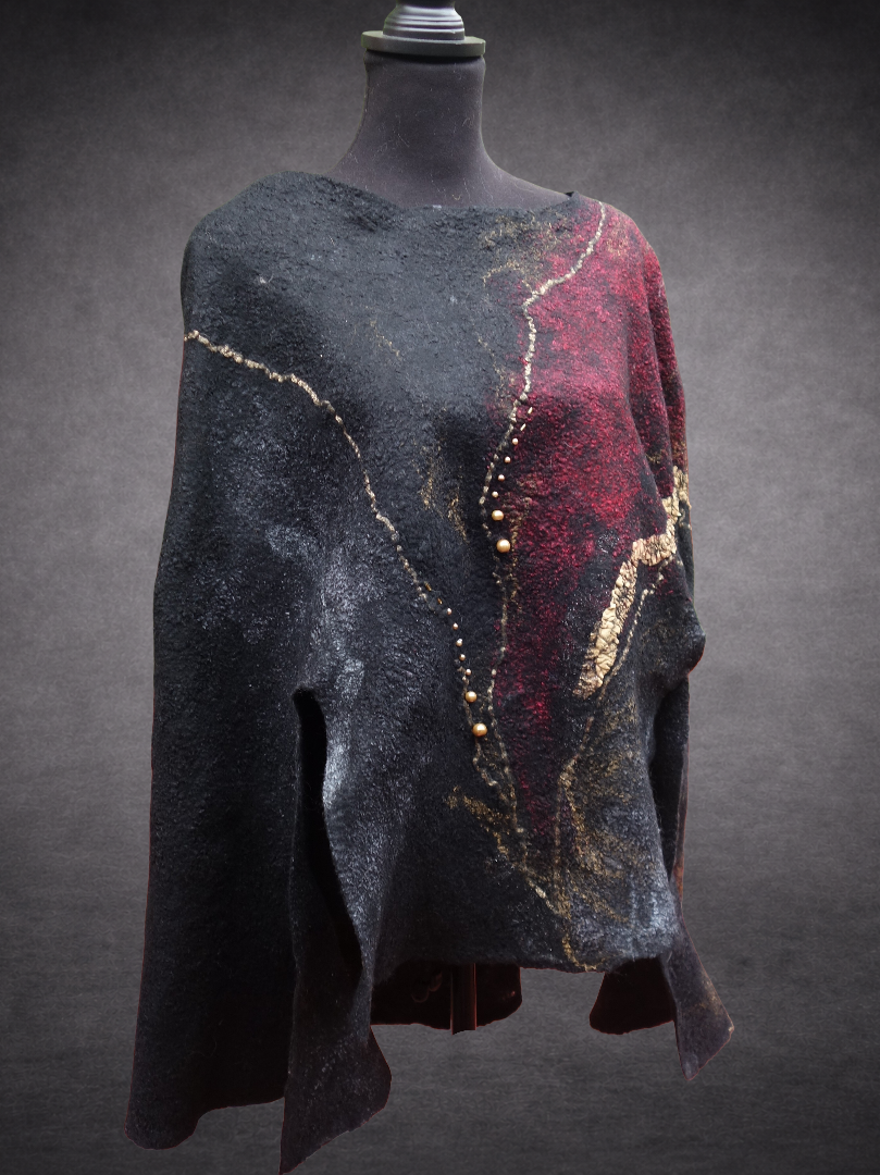Fire in the Night reversible hand-felted poncho on mannequin, front view