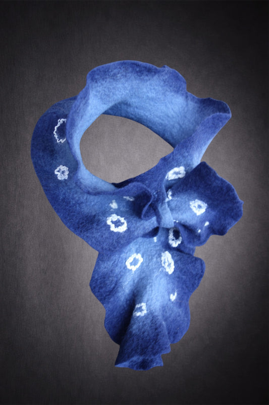 Deep Blue Sculptural Hand-Felted Merino Wool Scarf with White Fiber Accents