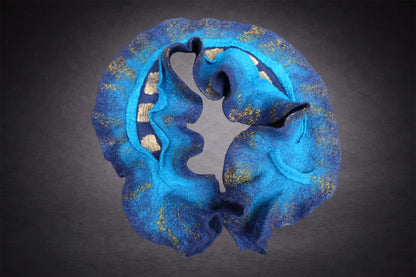 Blue and turquoise sculptural hand-felted merino wool scarf