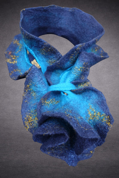 Blue & Turquoise Sculptural Hand-Felted Merino Wool Scarf