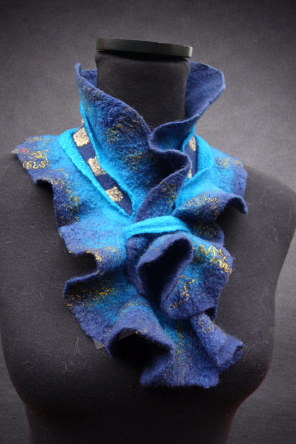 Blue & Turquoise Sculptural Hand-Felted Merino Wool Scarf