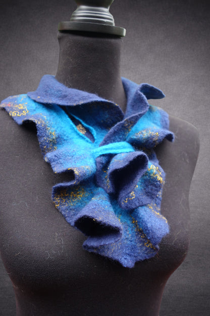Blue & Turquoise Sculptural Hand-Felted Merino Wool Scarf