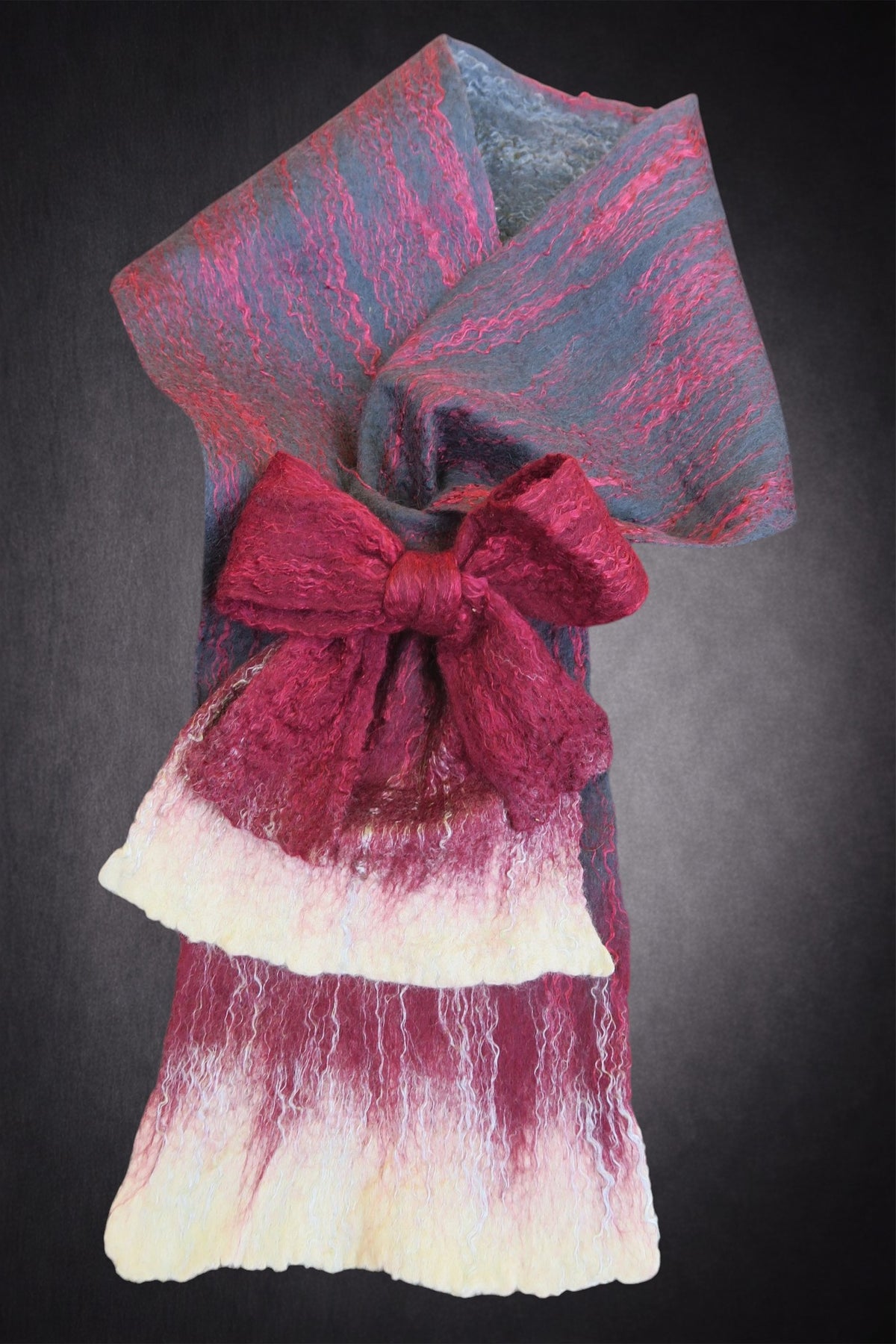 Hand-felted grey-blue and burgundy scarf with ivory ends and attached felted bow
