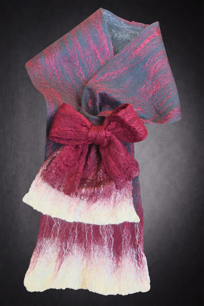 Hand-felted grey-blue and burgundy scarf with ivory ends and attached felted bow